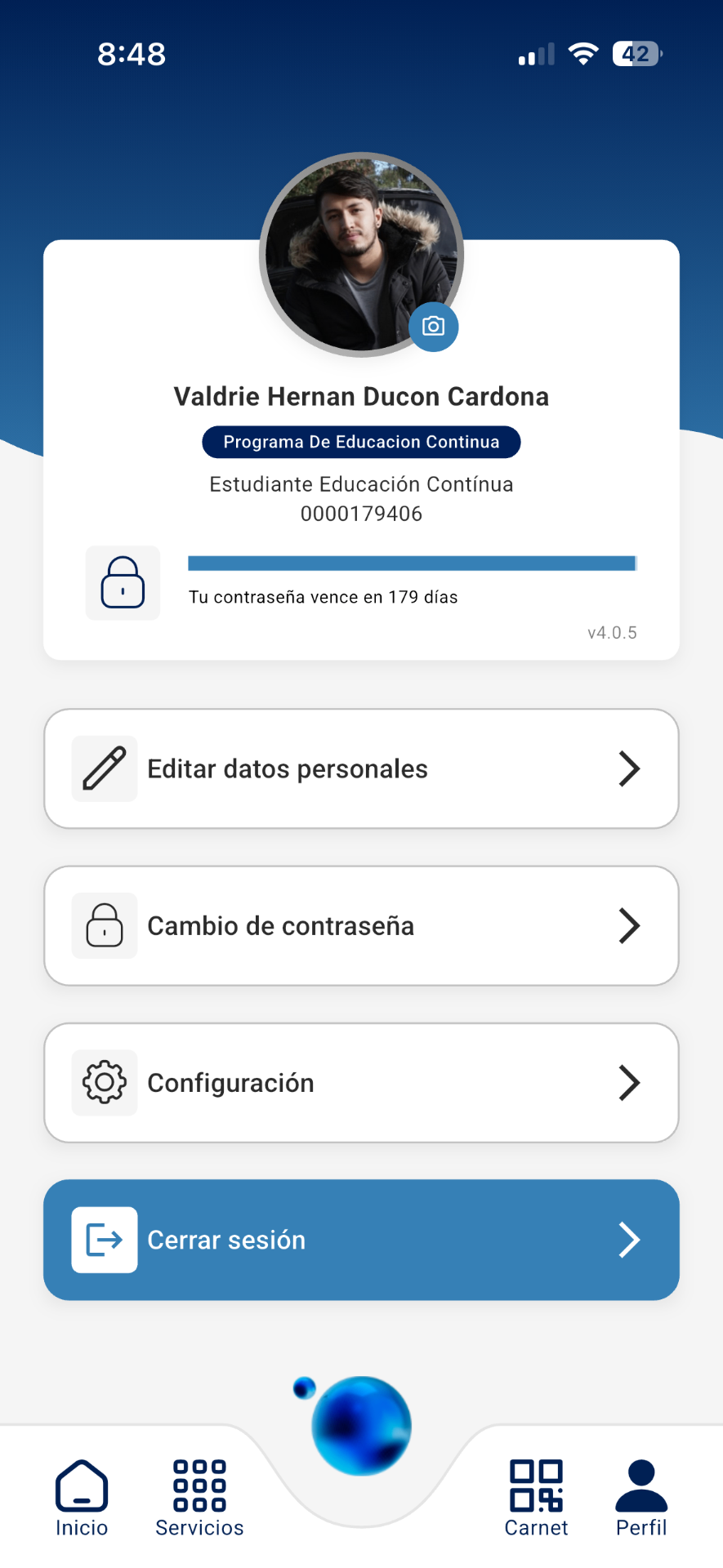 University App — user profile screen
