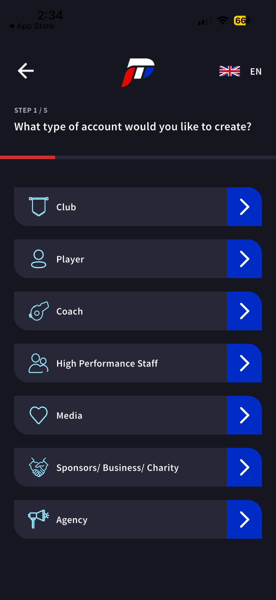 P2P Sport — Account type selection (onboarding)