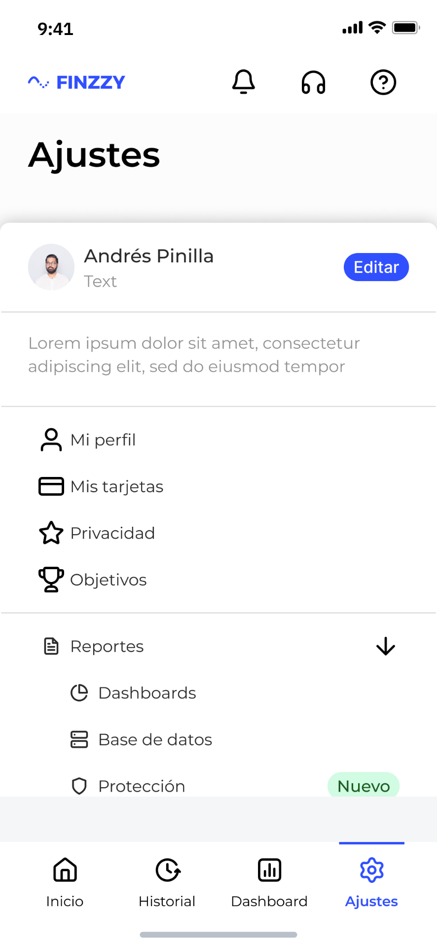 Finzzy — Ajustes de usuario