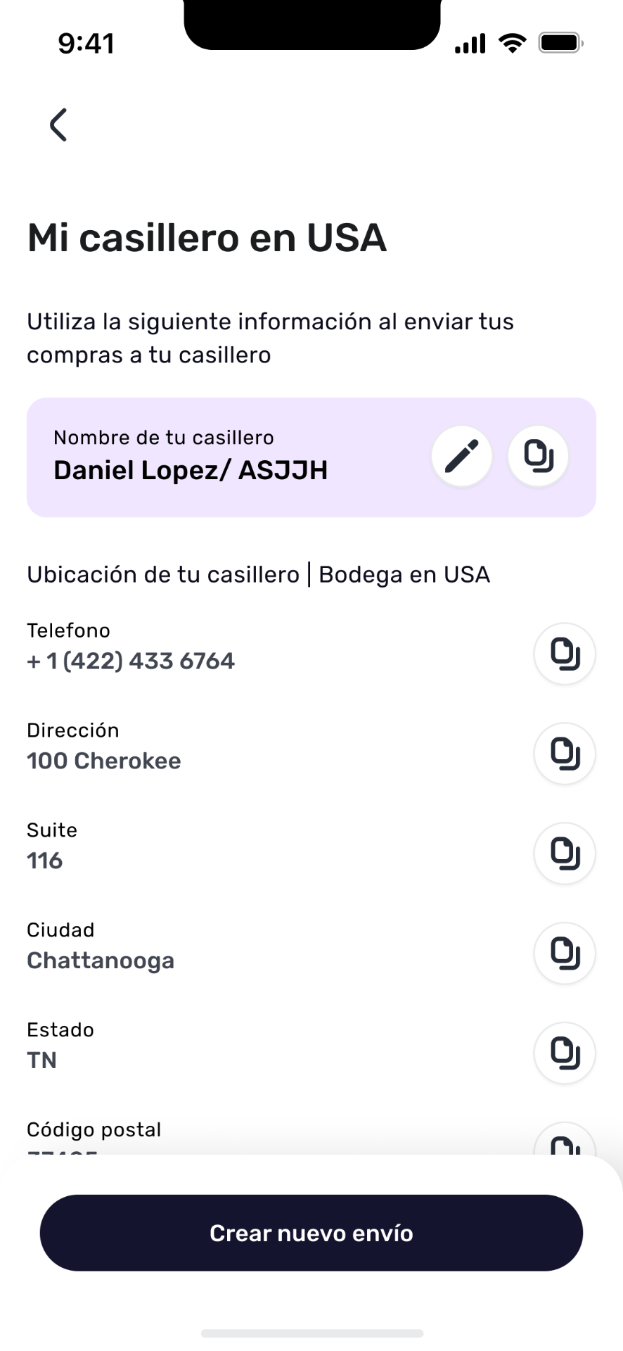 Shappi — Datos del casillero en USA