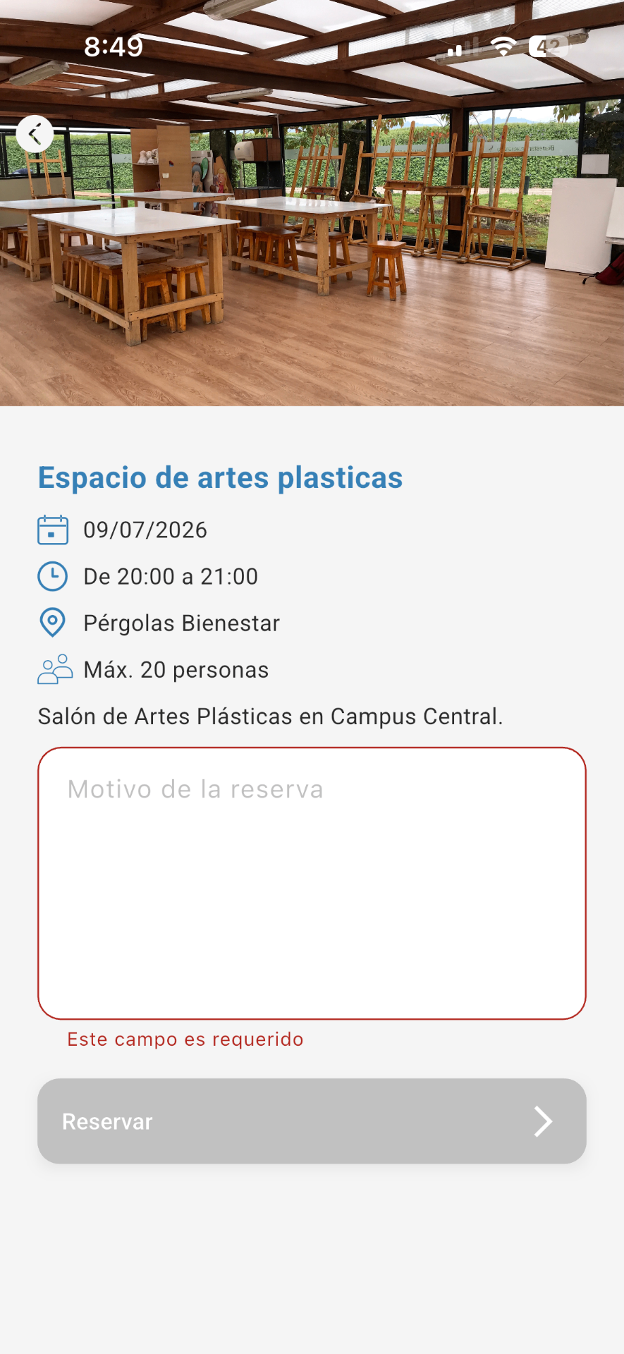 University App — space reservation detail