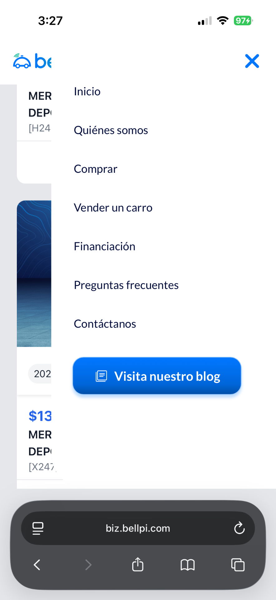 Bellpi mobile navigation menu