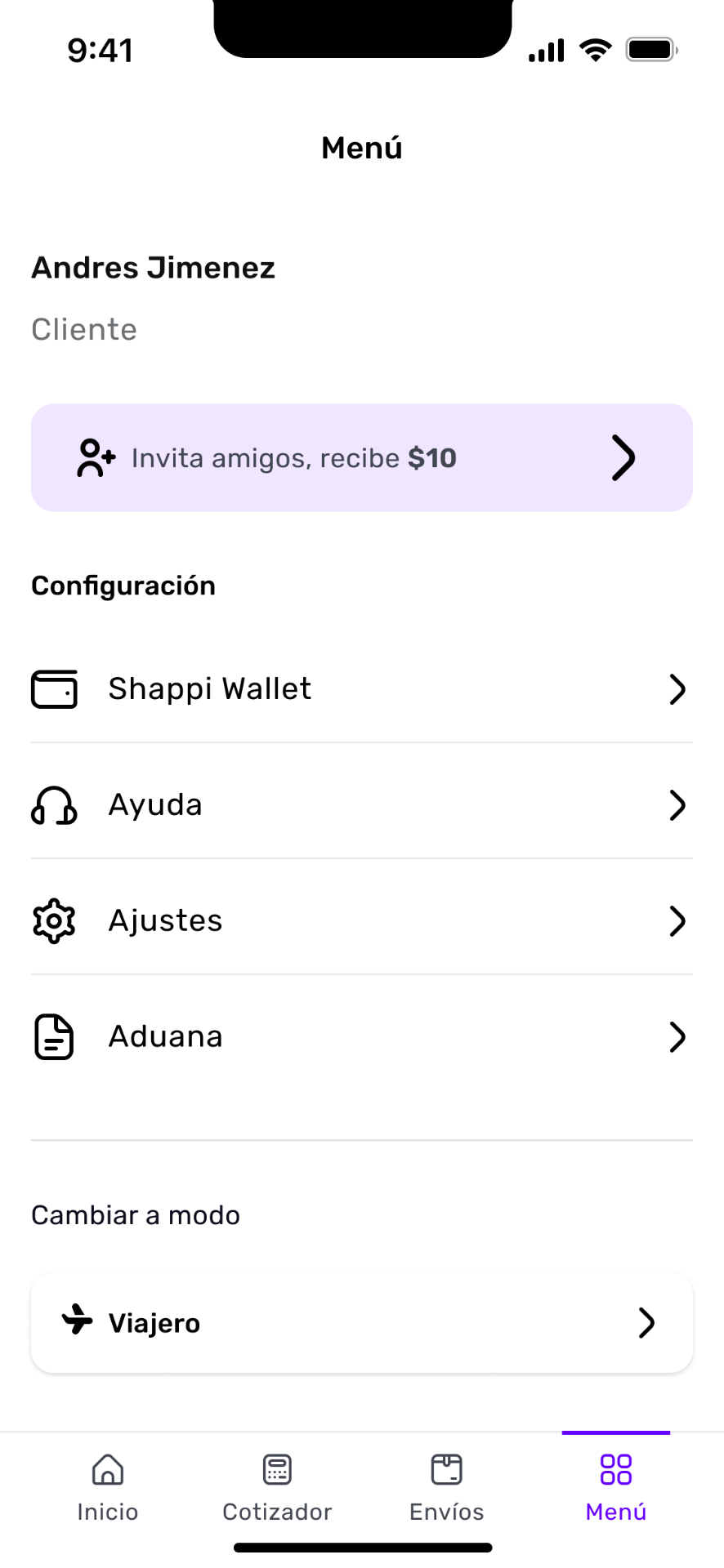 Shappi — Menú de perfil de cliente