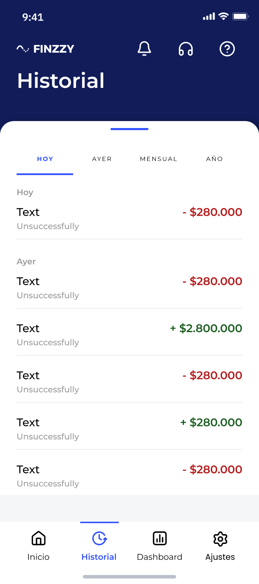 Finzzy — Historial de transacciones